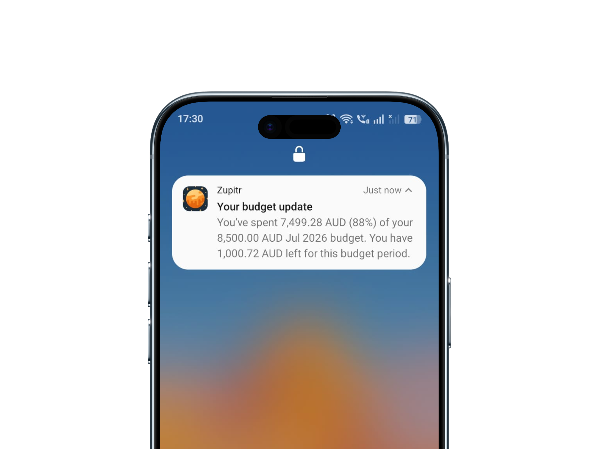 Zupitr budgeting app spending-threshold alert on mobile