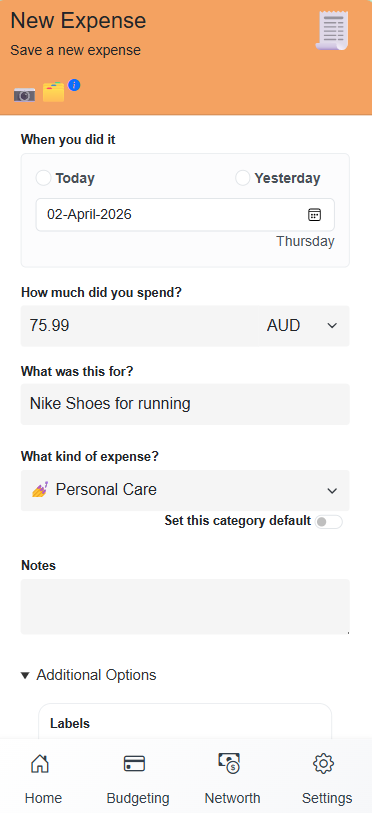 Zupitr quick expense capture screen